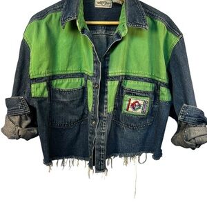 Vintage Cropped Denim Jacket Colorblock Patch Raw Hem 90s L